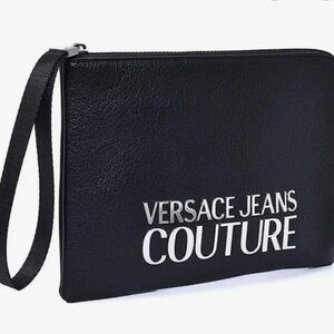 Versace Jeans Couture Men's Grained Black and Silver Pouch
